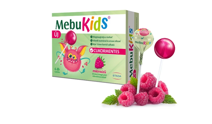 MebuKids izlandi zuzmó és orvosi ziliz tartalmú, málnaízű étrend-kiegészítő nyalóka édesítőszerekkel MebuKids izlandi zuzmó és orvosi ziliz tartalmú, málnaízű étrend-kiegészítő nyalóka édesítőszerekkel